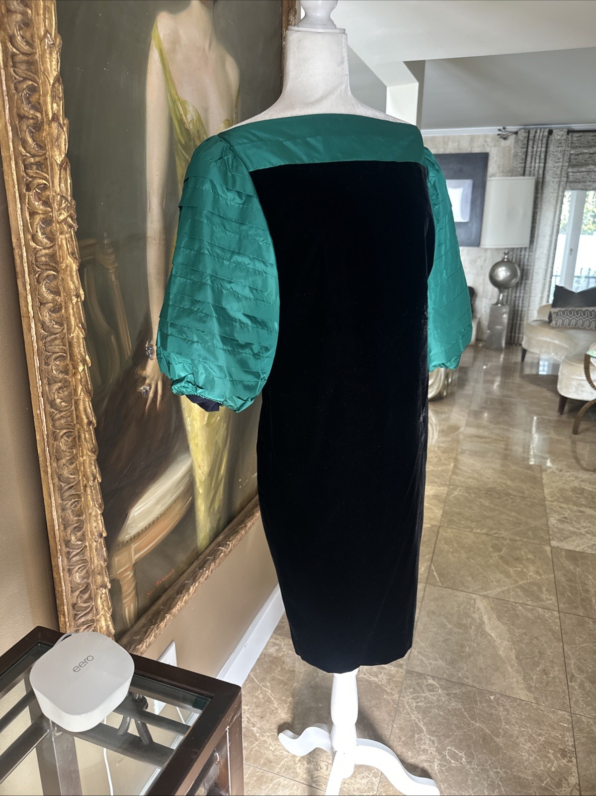 Nina Ricci Haute Boutique 70s Black Velvet & Green Taffeta Cocktail Sheath 42