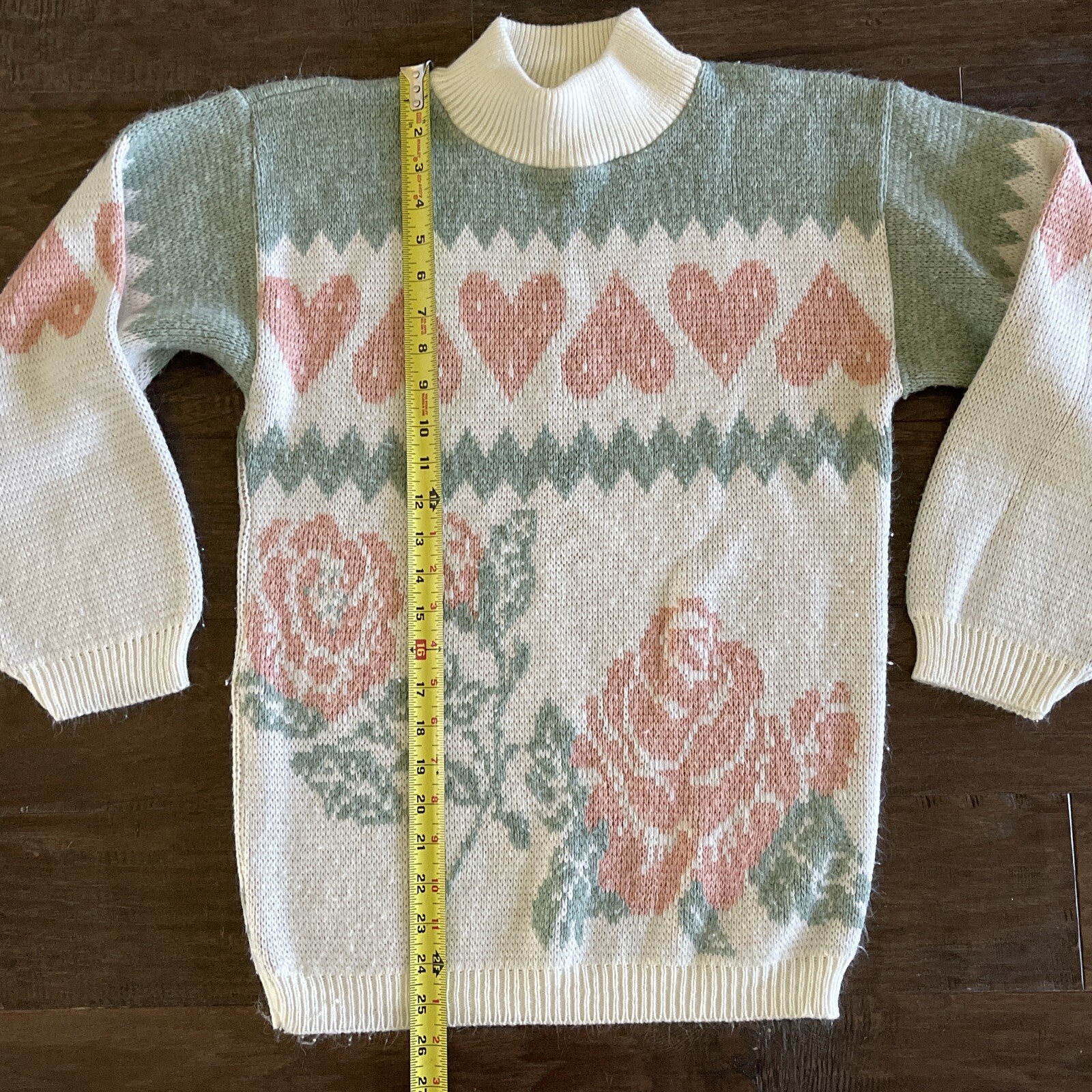 Vtg 80’s 90’s Sweater Womens Sz S White Pastel Roses Hearts Floral Cottage USA