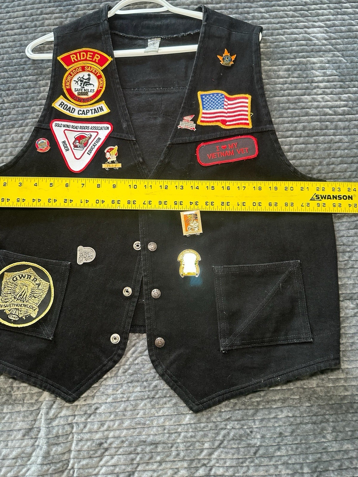 Vintage 90s Ladies Handmade Goldwing Rider Black Denim Vest Pins Patches GWRRA