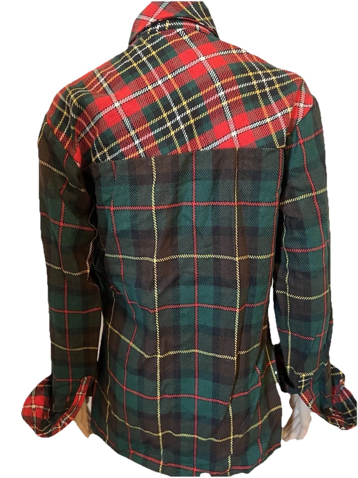 Vintage 1970s Green/Red Tartan Plaid Wool Blouse Women’s L Wide Collar Pockets
