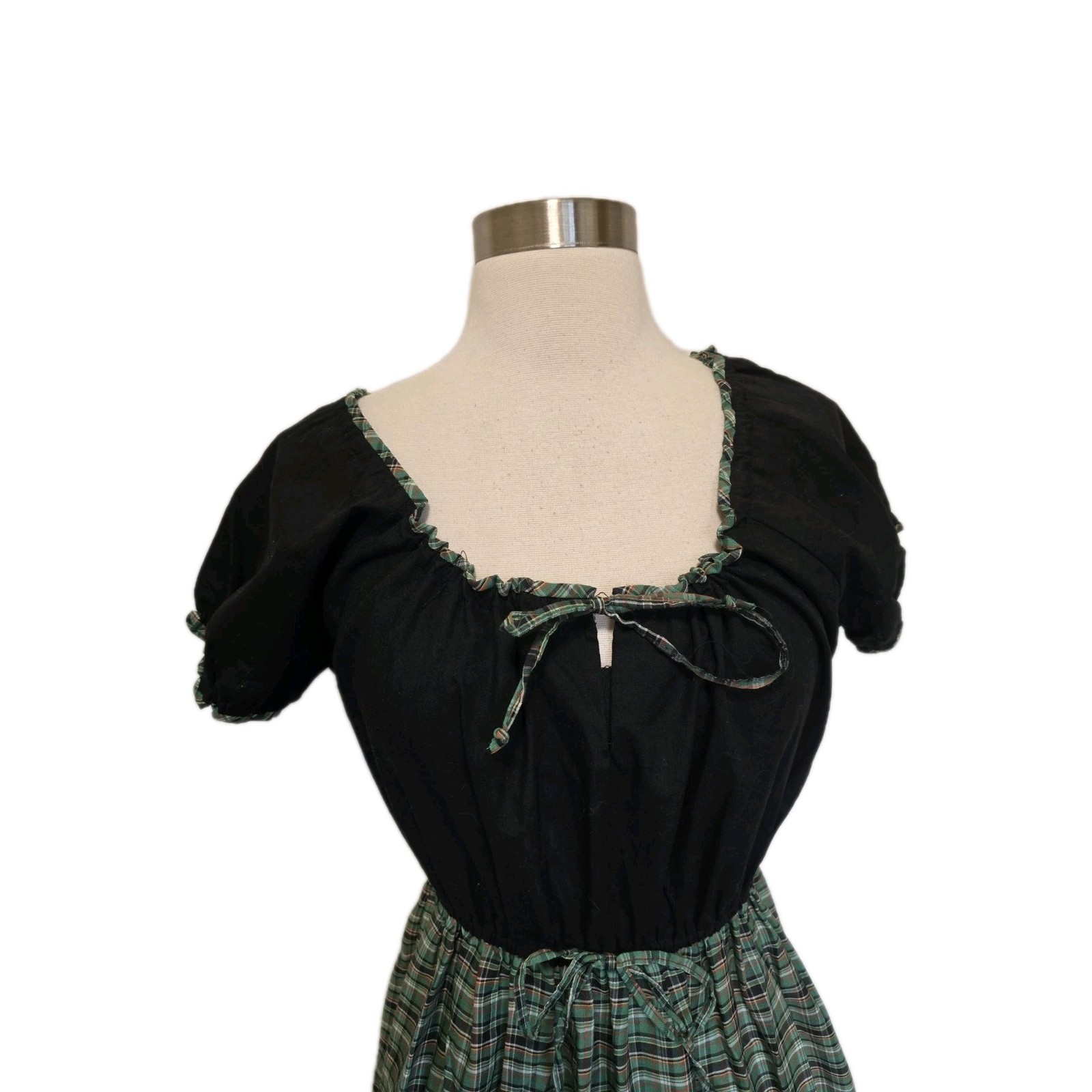 1960s 70s Vintage Womens Dress High Waist Green Plaid Schoolgirl Cinch Tie Bust