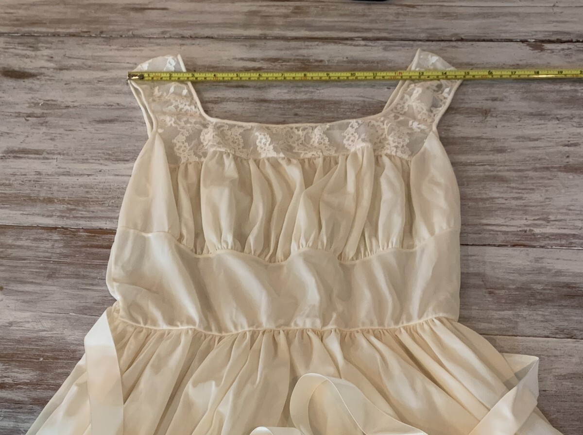 Vtg 60s Nightgown Butter Yellow Nylon Lace Fairycore Satin Ribbon Tie Sz 38