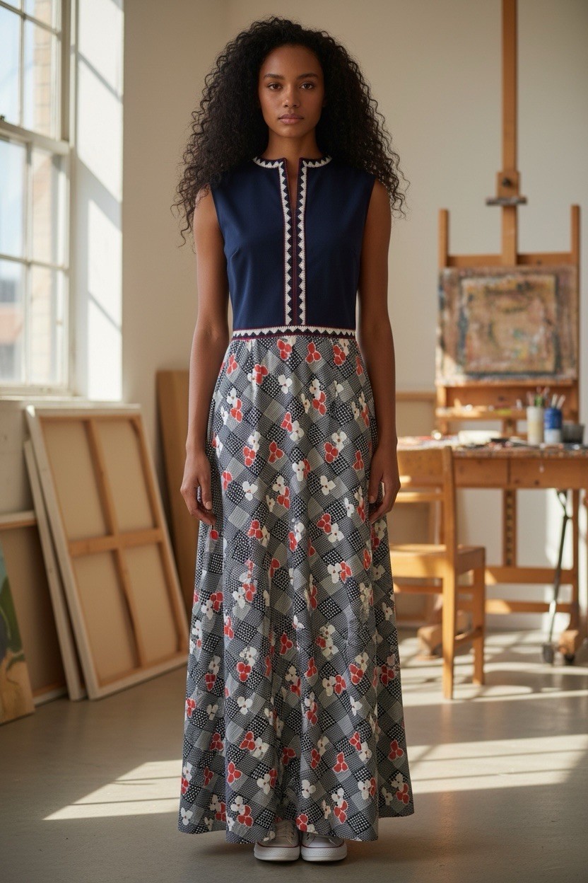 Vintage 1960s/70s Puritan Forever Young Maxi Dress In Navy, Red And White