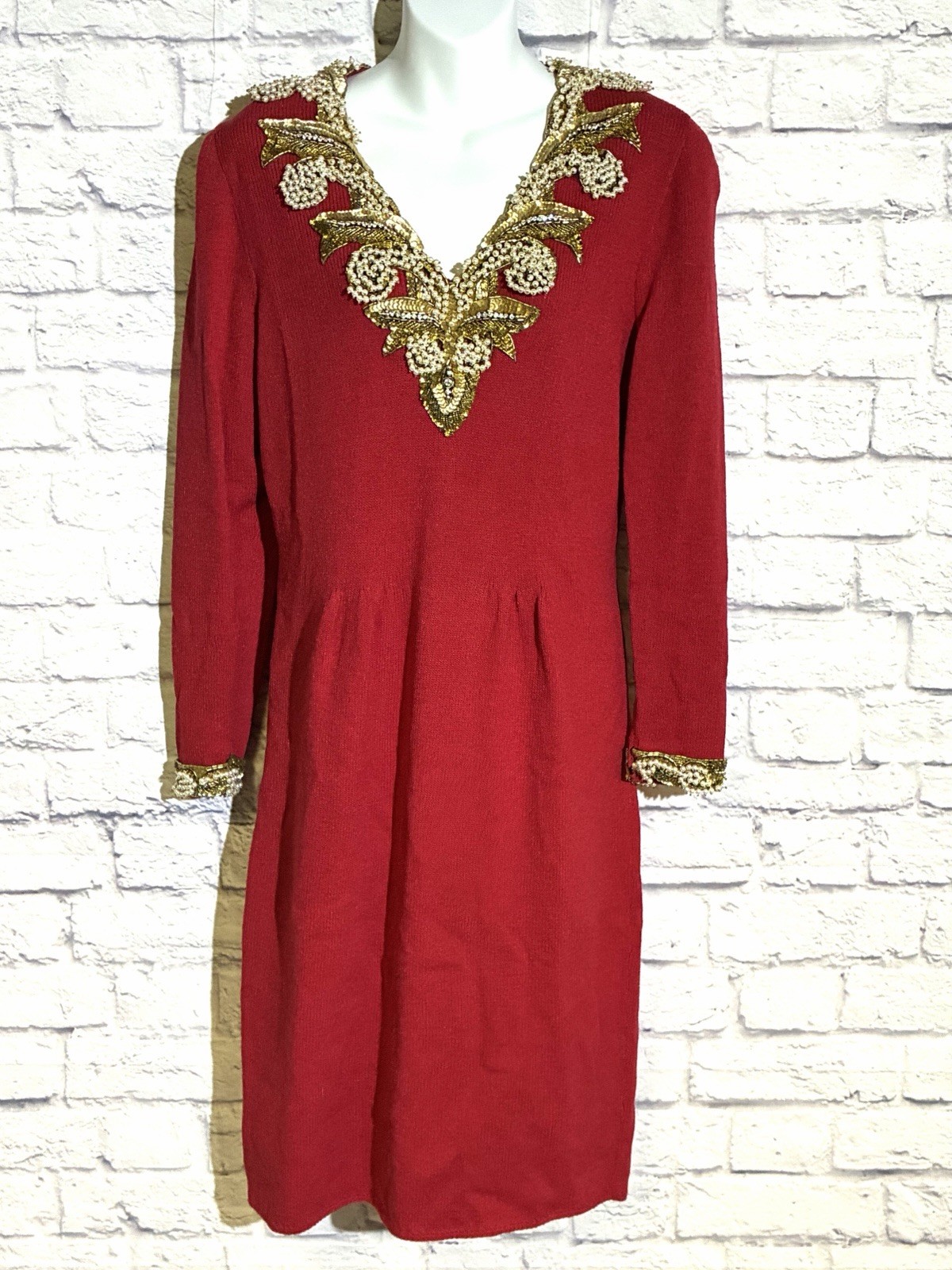 Don Sayres for Wellmore Vintage 1960s Red Wool Beaded Sequin Knit Dress Size 6