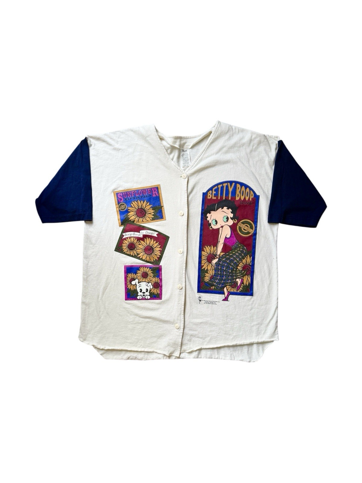 VTG 1995 Betty Boop Graphic White Navy Jersey Button-Up Oversized Shirt Size XL
