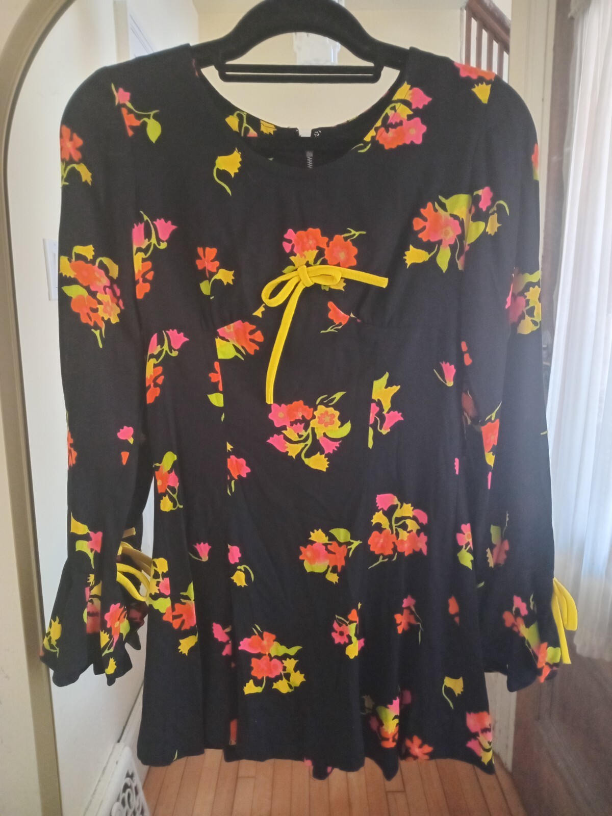 Vintage 60s Black Neon Pink Yellow Floral Mini Dress Mod Go Go Hippie Rare S
