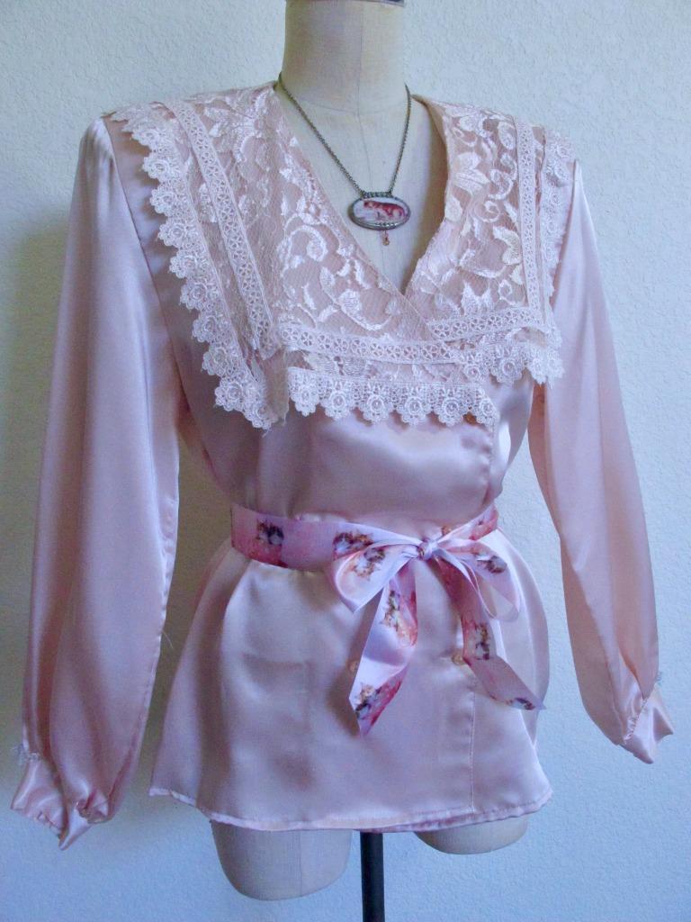 Vintage San Andre Silky Blouse 10 Pink Lace Victorian Collar Slick Shiny Satin