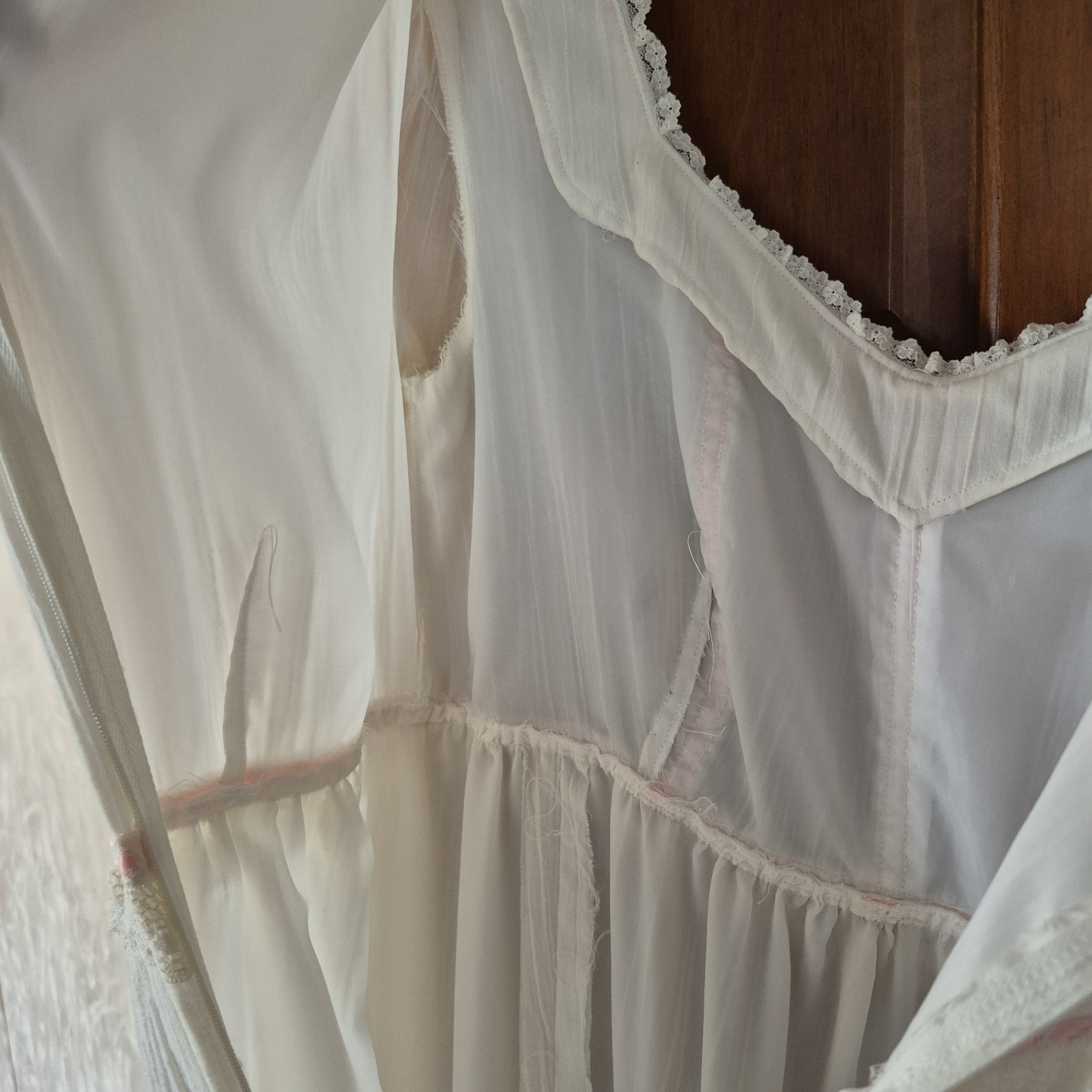 Hand Sewn, Vintage Prairie Dress, Long White Cotton Gauze, Pink Ribbon Size 12