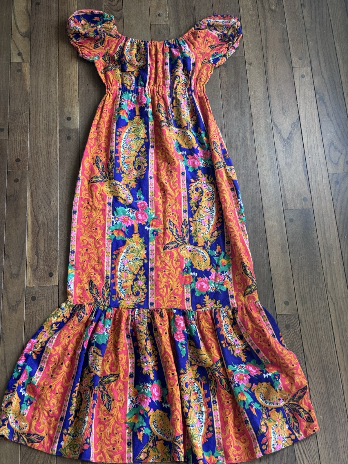 Mid Century Boho Maxi Dress – Orange Paisley Floral Print – 1960s Cracker Jax
