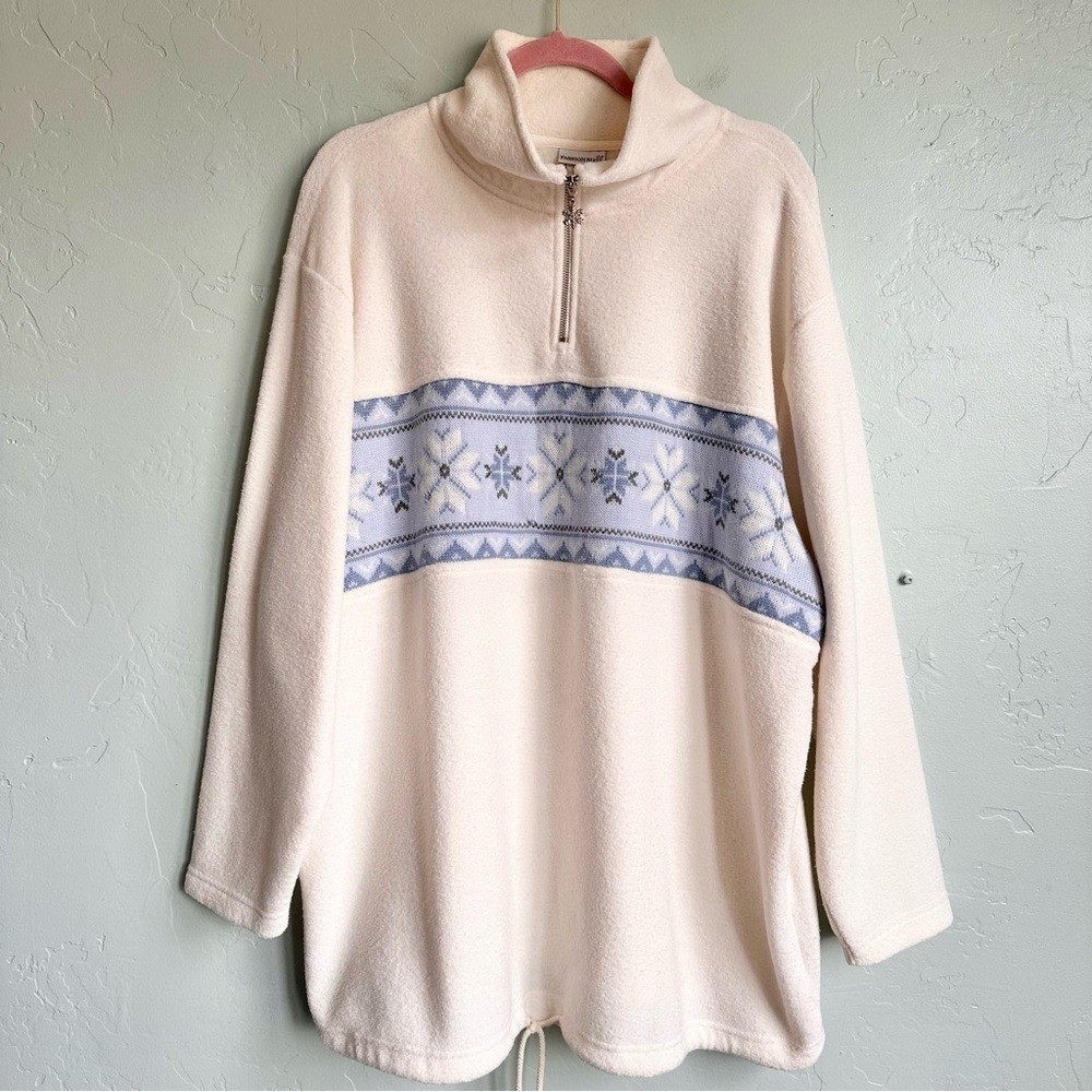 Fashion Bug Vintage Cozy Soft Terry Fleece Pullover Cream Blue Snowflake 22/24W