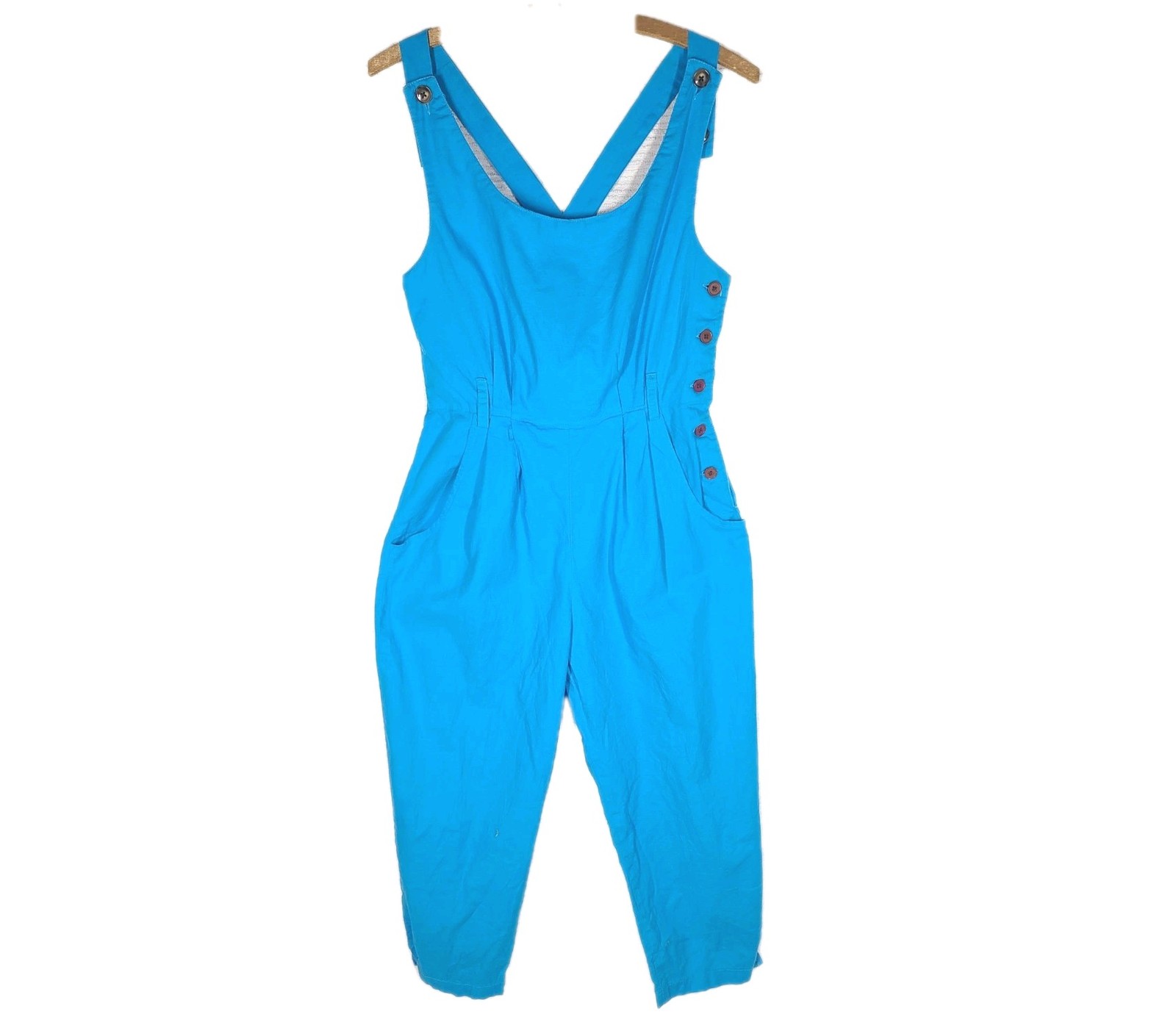 Vtg 80s Cotton Jumpsuit Blue Retro Pinup Juniors 11 M L Cross Back Button Side