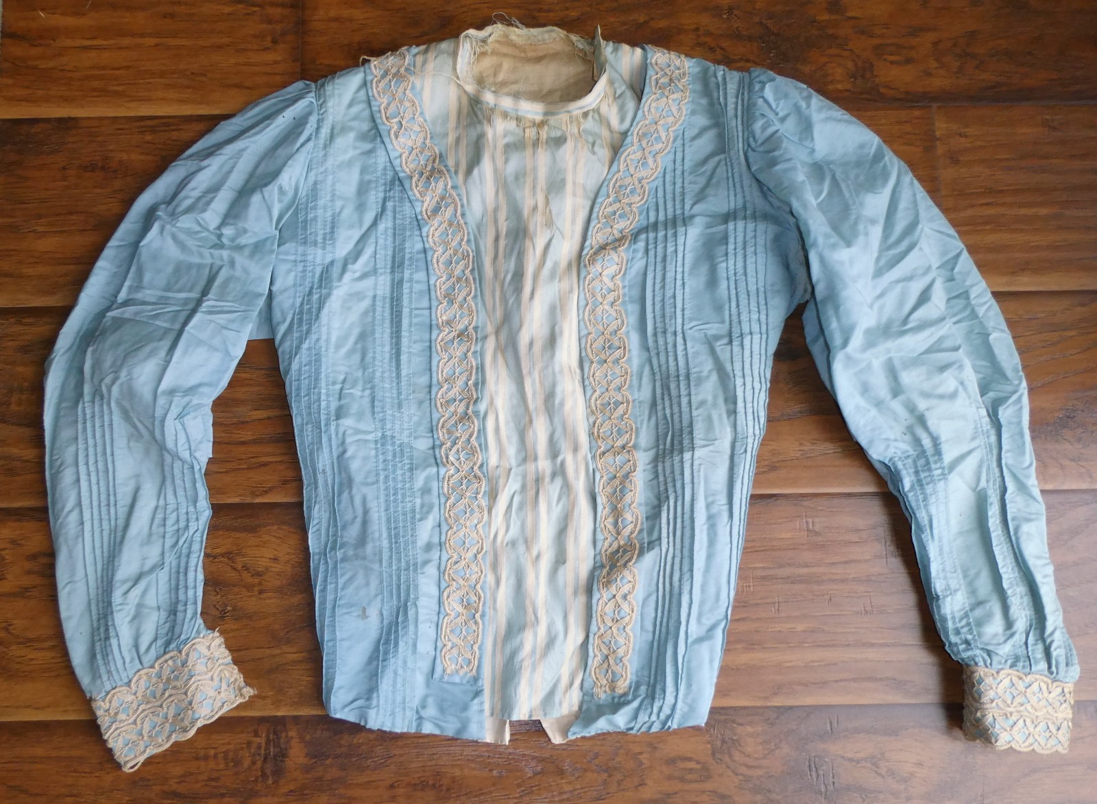 Edwardian Soft Blue Silk Bodice Jacket Soutache Lace Trim 1900s As Is