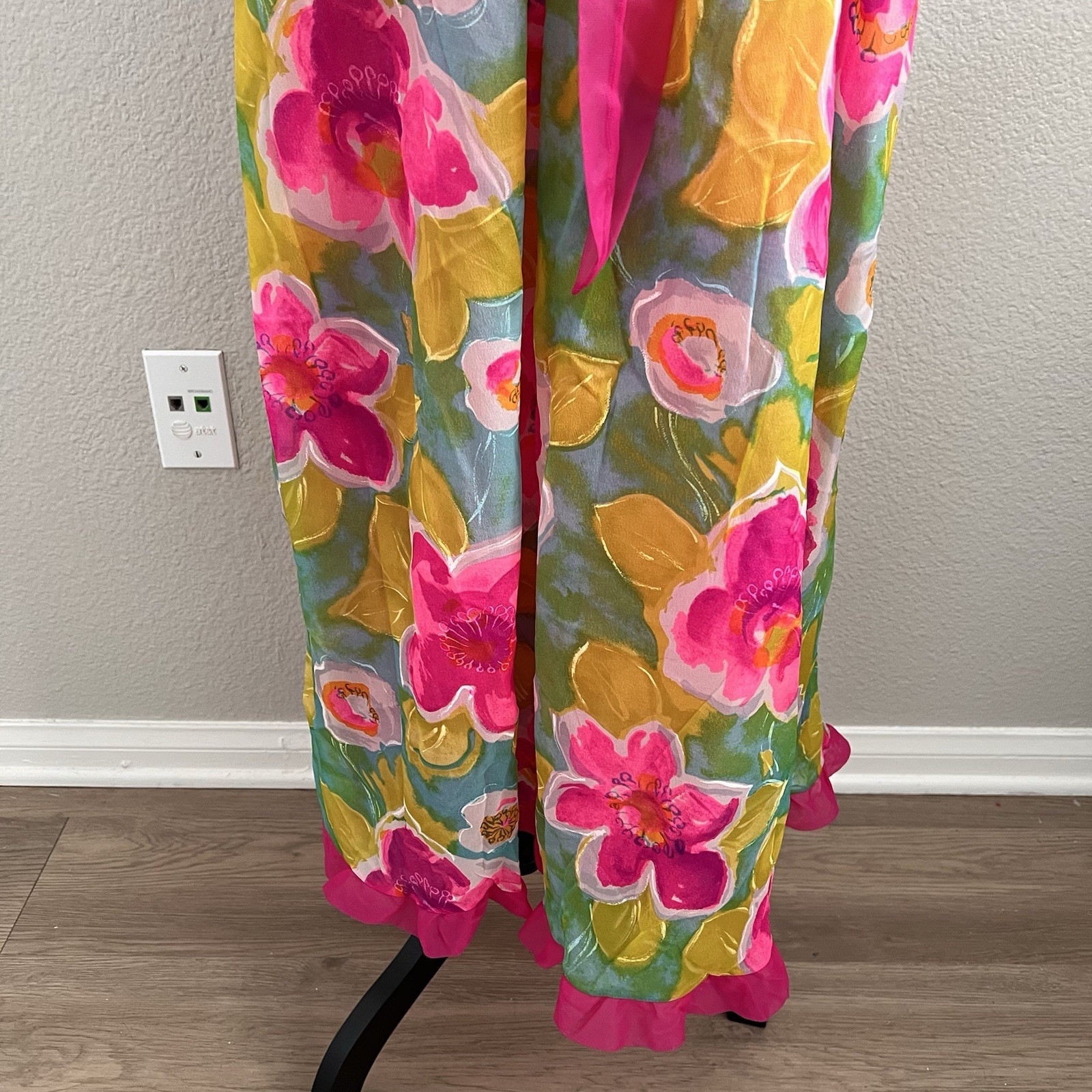 Vintage Jenelle of California Gown Belted Ruffles Floral Lined Colorful Nylon