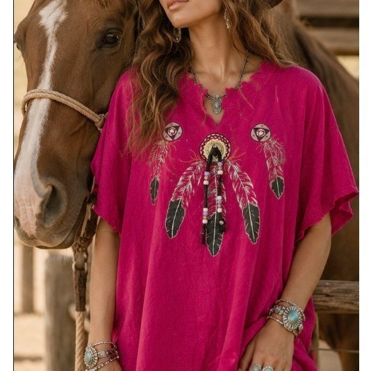 Vintage Beaded Feather Pink T Shirt XL Western Cowgirl Native Rodeo Bedazzled