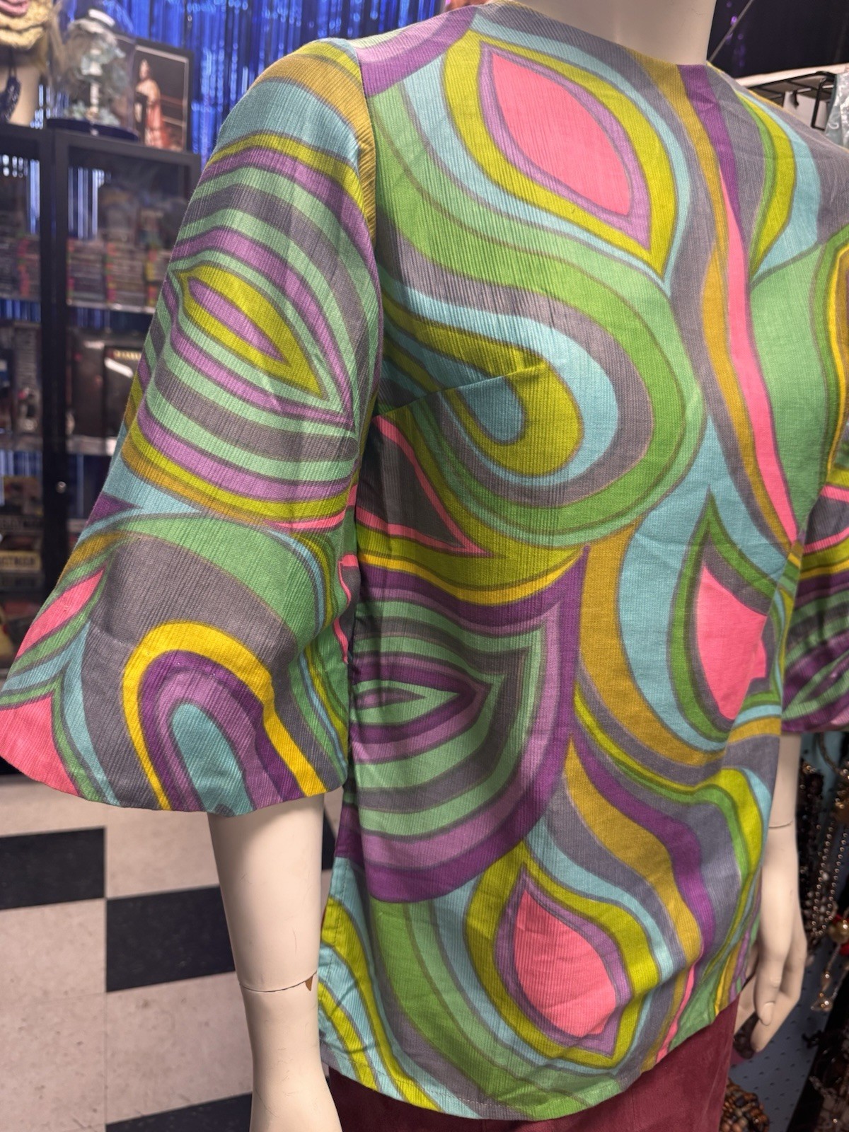 1960s Handmade Psychedelic Top With Back Buttons Mid Bell Sleeves