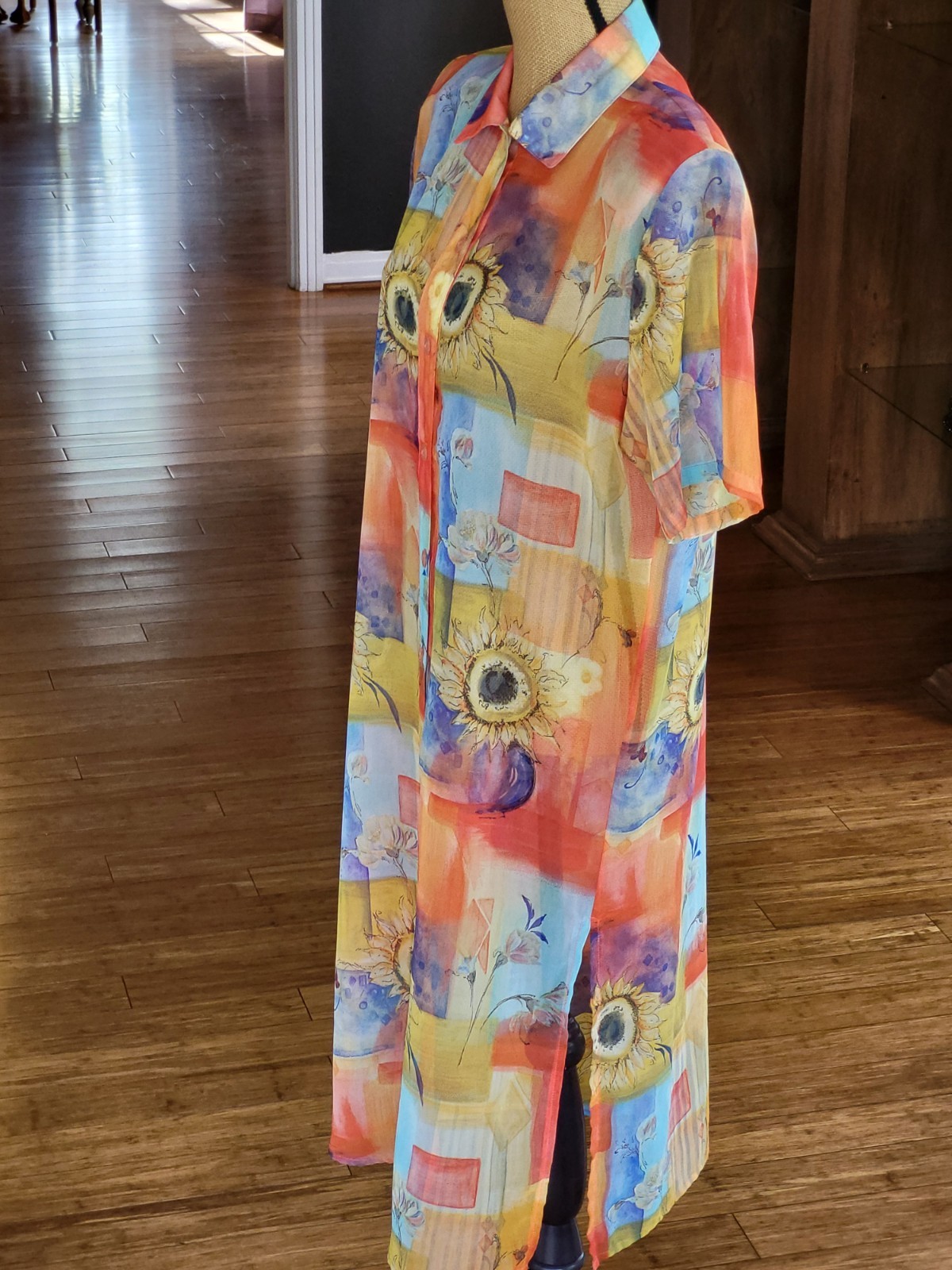 Sea Suns Vtg 80s Sheer Sunflower Themed Maxi Shirt Dress Medium