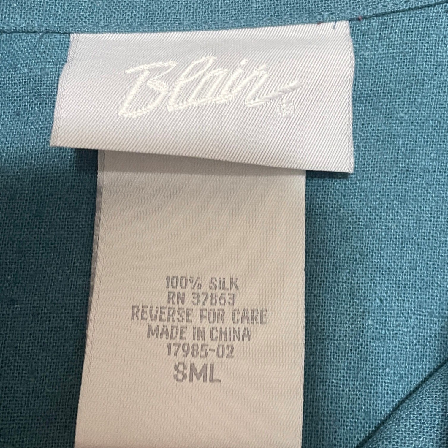 Vintage Blair SML 100% Raw Silk Button Down Shirt Teal Blue Long Sleeve Blouse