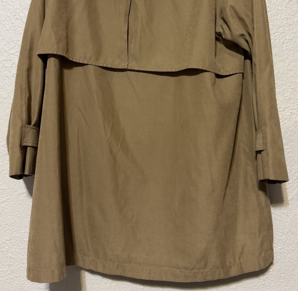 Vintage Women’s Khaki Trench Coat Button Up Vented Zip Pockets Hooded NO Liner
