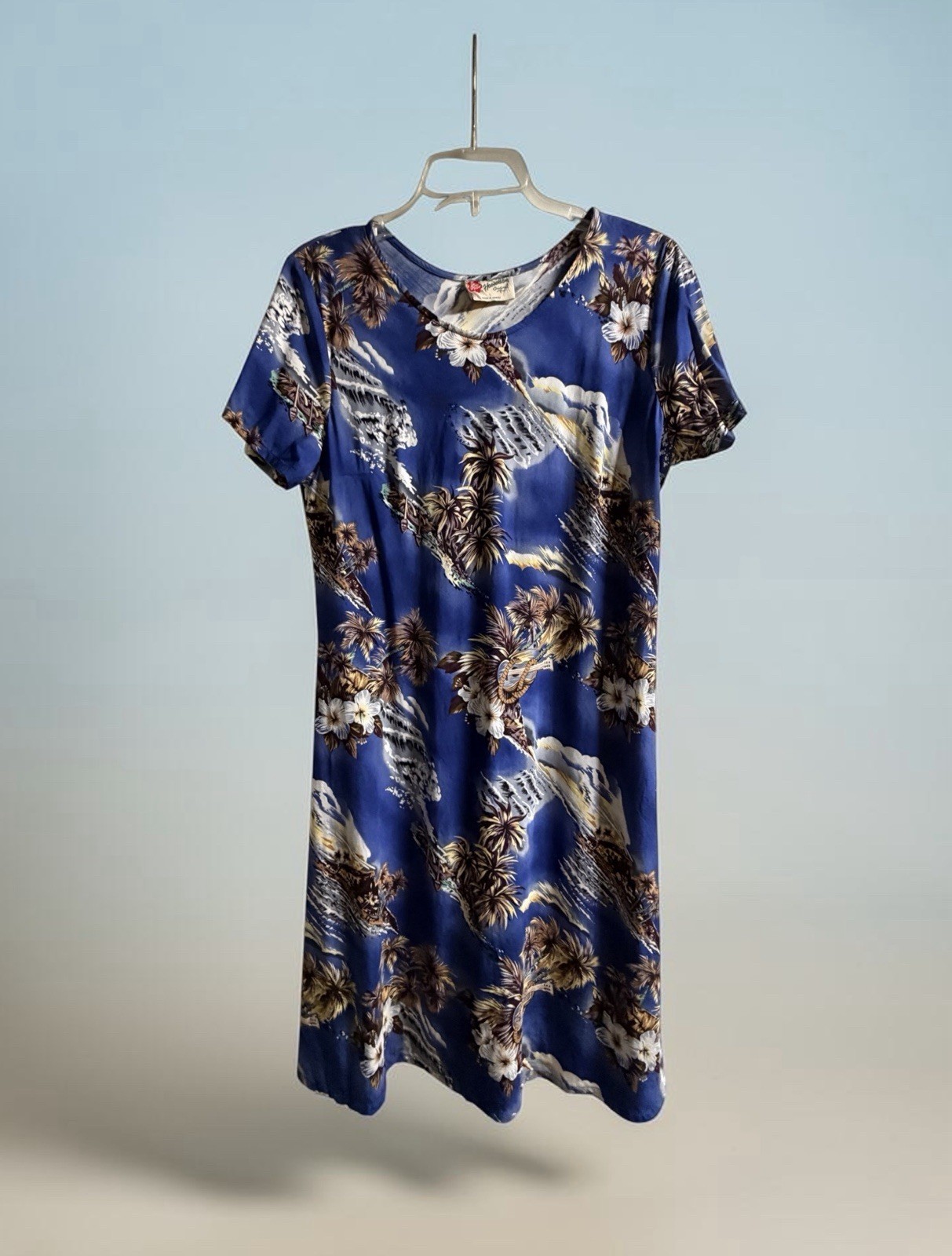 Vintage 90s Hilo Hattie Hawaiian Dress Size L Blue Rayon Muumuu Aloha Tiki Luau