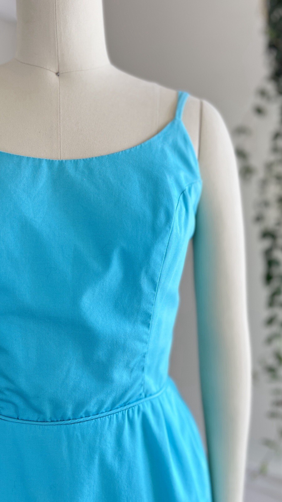 Vintage 1950s 1960s Blue Cotton Spaghetti Strap Wiggle Sundress Pin Up Day Dress