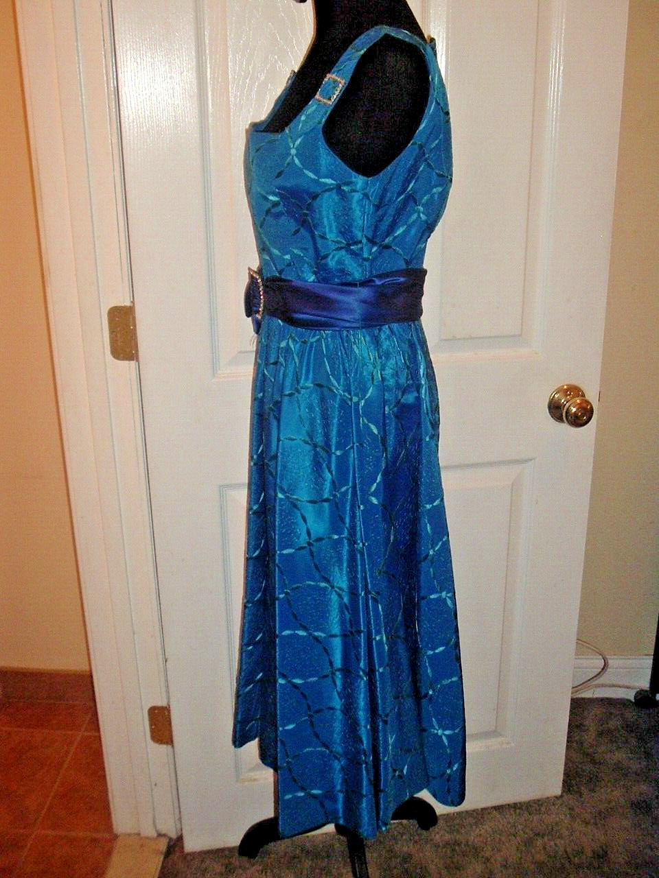 Vintage 1960’s Party Dress Royal Blue Abstract Design w/Belt S/M, Movie Prop?