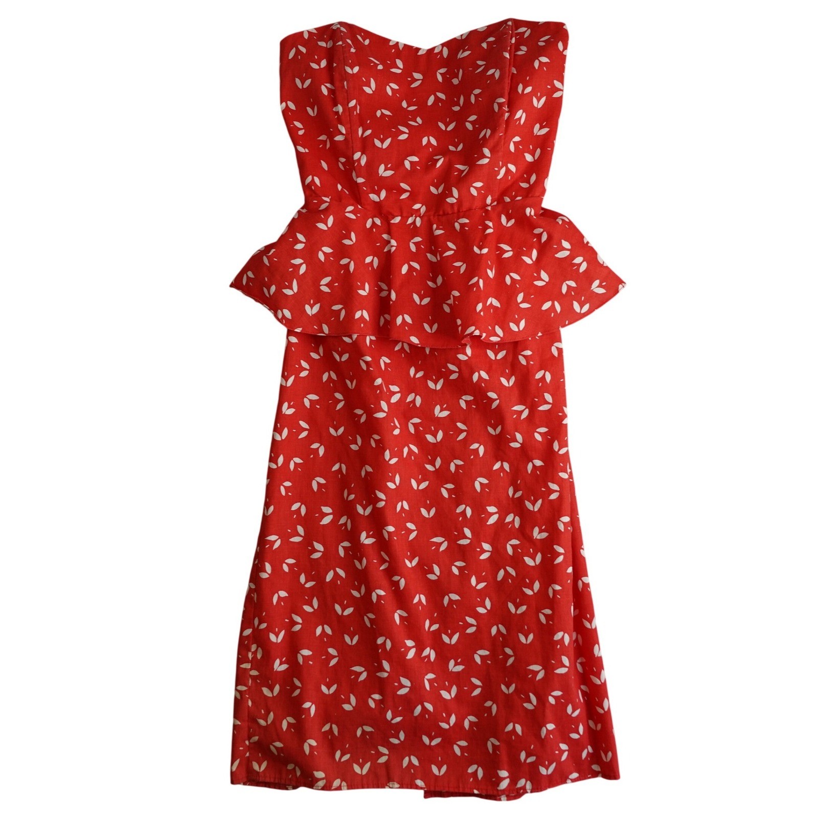 Vintage 50s Dress 13 Red Peplum Strapless Midi Open Back Retro Pinup Rockabilly
