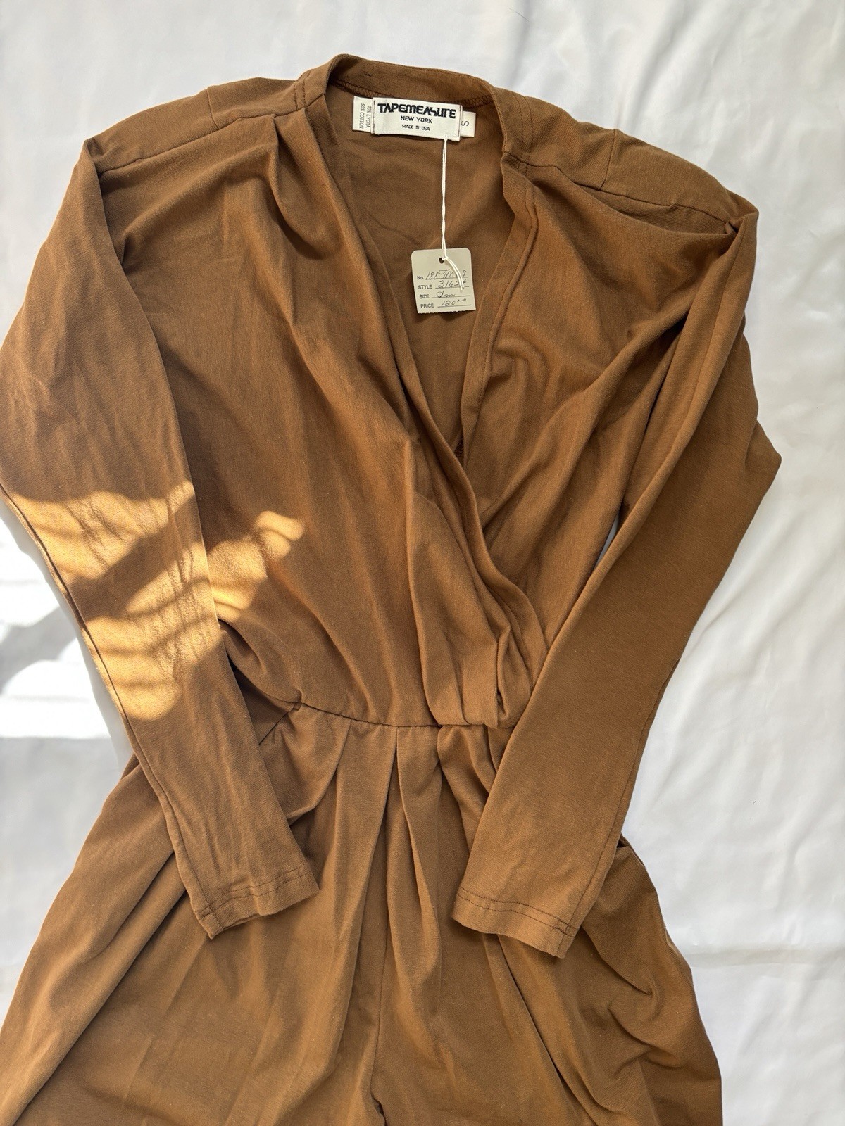 Vtg Wrap Jumpsuit Sz S USA Made Long Sleeves Pockets Cotton Elastic Waist Romper
