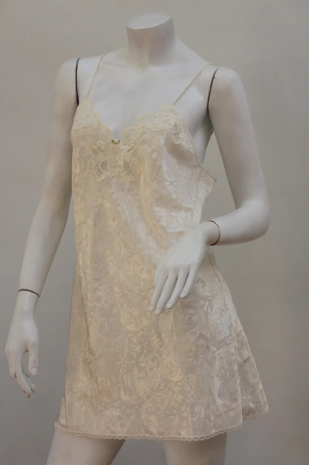 Vintage Creme Damask Print Short Satin Slip Dress By LA II Negligee Lingerie
