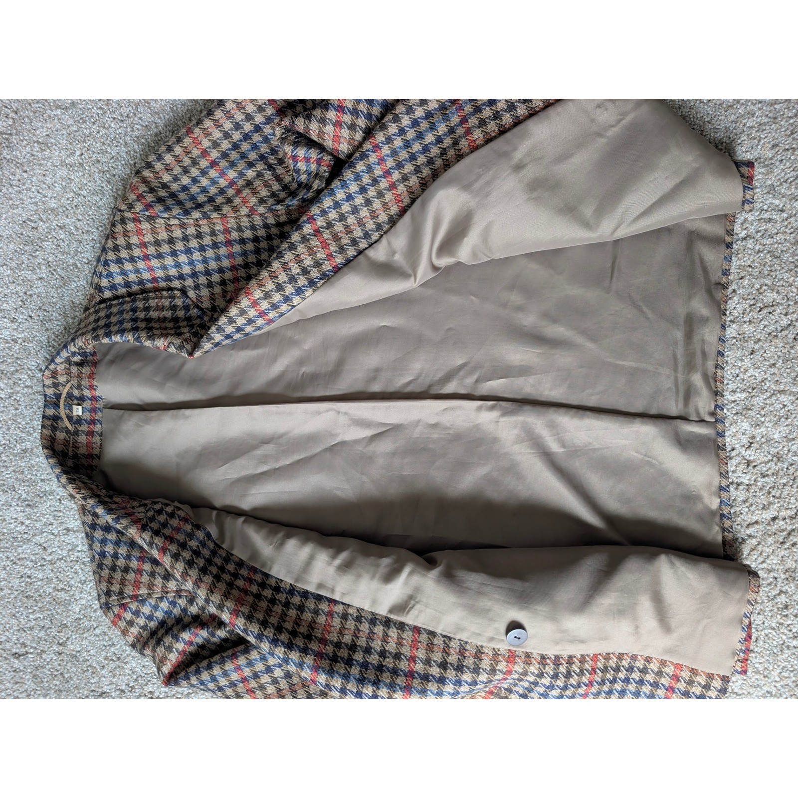 Vintage Pure New Wool Double Breasted Houndstooth Plaid Blazer Tan Blue Red
