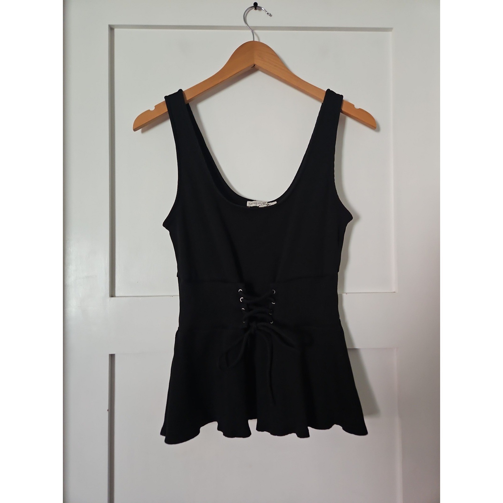 Y2K Aesthetic Corset Top Medium Black Peplum Lace Up Ribbed Grunge Streetwear