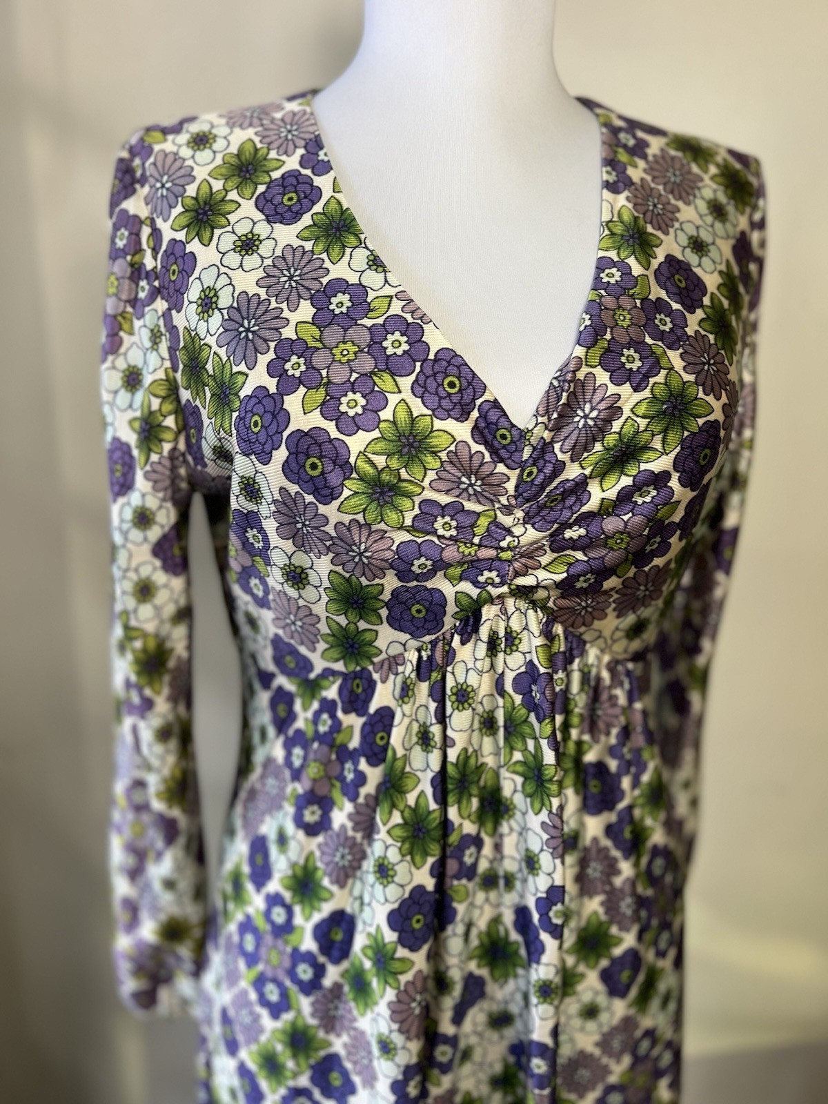 Vintage Empire Waist Maxi Dress Long Sleeve Floral Purple Green White 70s