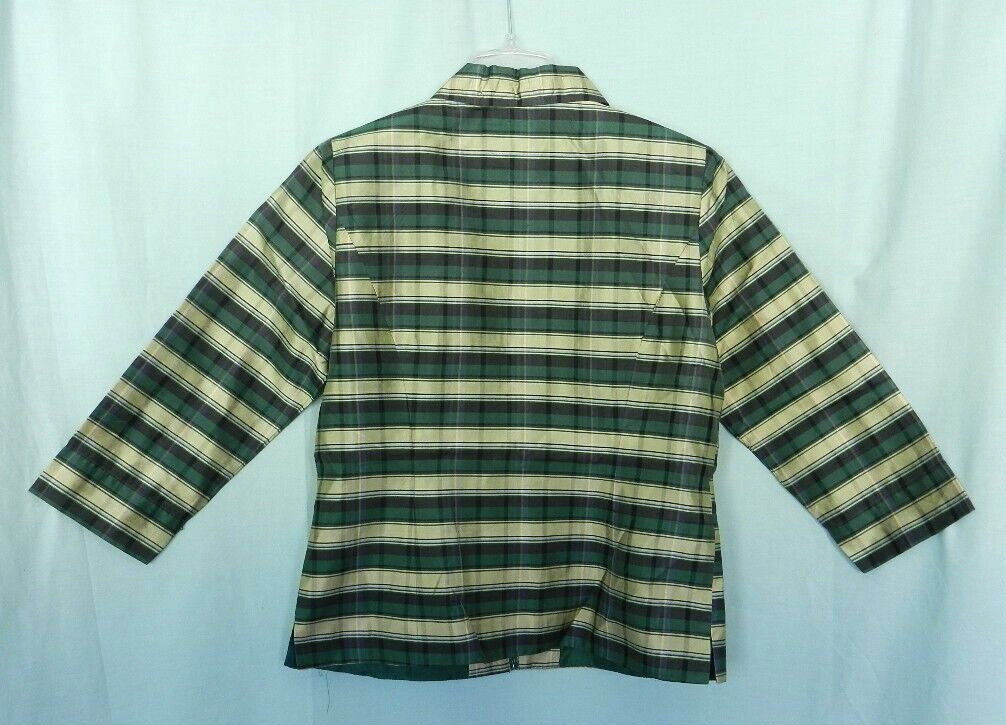 VTG. 2000s SILKLAND Raw Silk Green Plaid Lined 3/4 Sleeve Lightweight Jacket M
