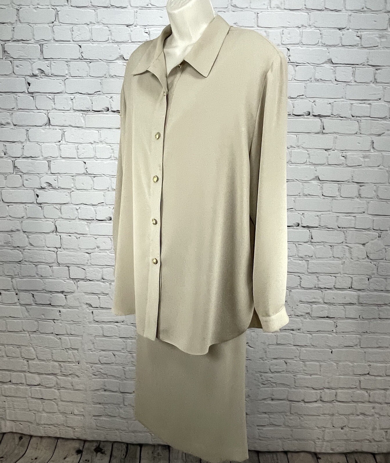 VTG Da Rue Tan Blouse Skirt Set Gold Button Long Sleeve USA Made Plus Size 18/20