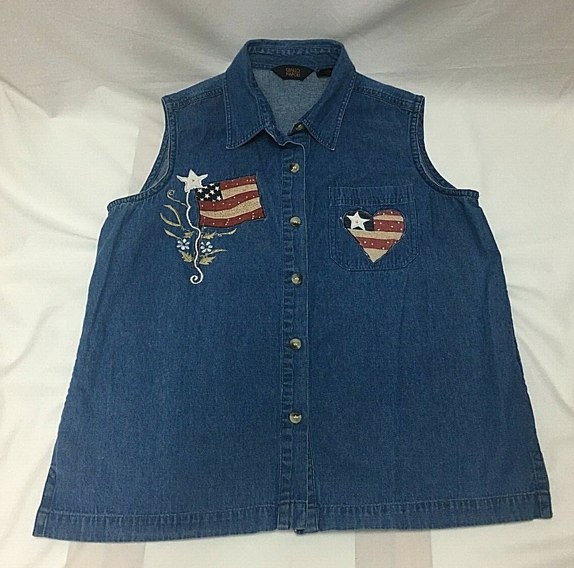 WOMEN’S DENIM PATRIOTIC BLOUSE SLEEVELESS FOLK USA FLAG 90S GIALLO NAPOLI SZ L