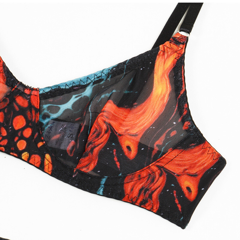 Arrival Colorful Ink Splatter Mesh Sexy Lingerie Set with Gloves and Garter Belt