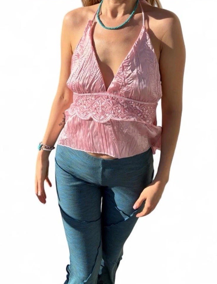 Vintage silky satin Delicate baby Pink halter top w/ lace detailing and sequins