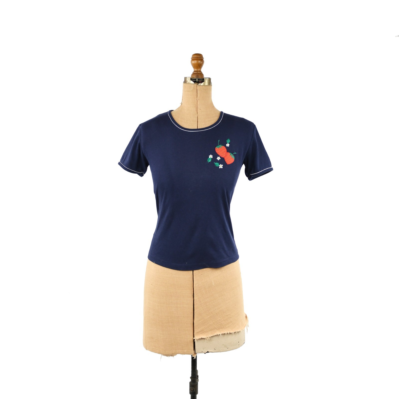 Vintage 70s 80s Navy Blue Novelty Strawberry Short Sleeve Baby Doll T Shirt M L