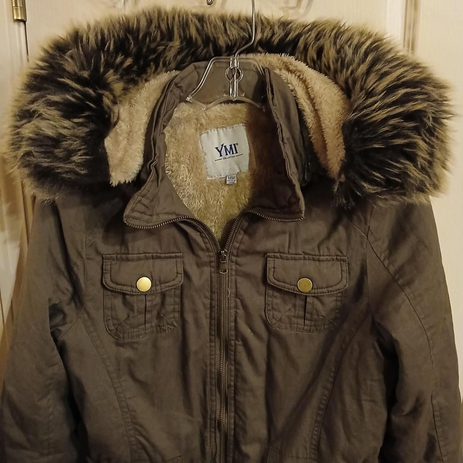 Y2K green parka utility jacket faux sherpa lining pockets faux fur trim hood M