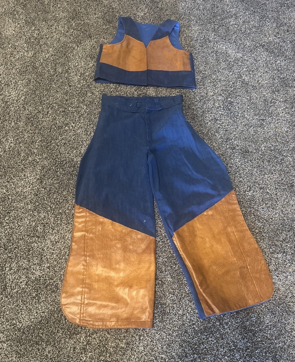VTG 70s Child’s costume Denim Leather Vest Pants 2 Piece Set 8-10 BlueTan Chaps