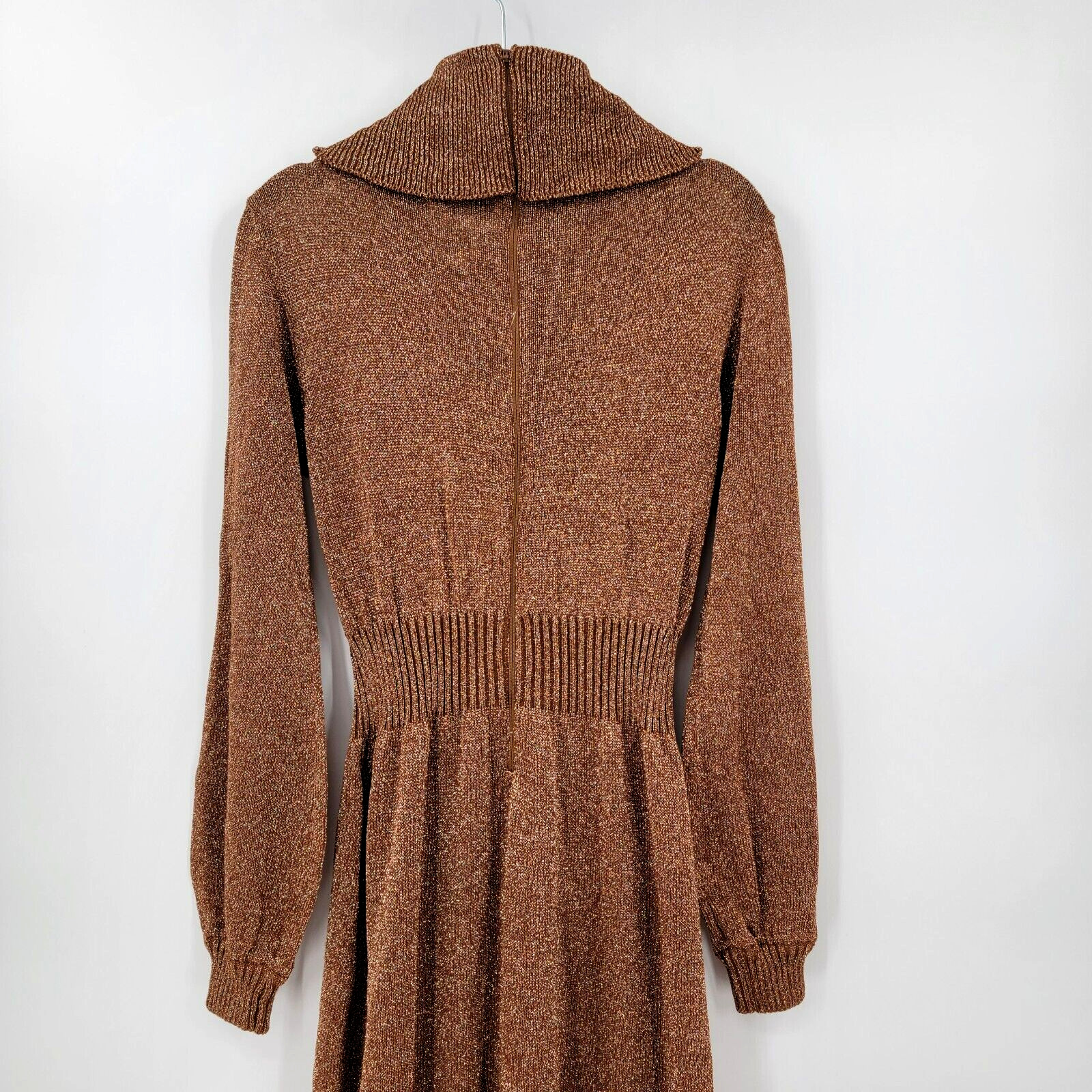 Vtg 70s Disco Wenjilli Sz 15/16 Copper Gold Metallic Knit Maxi Dress Cowl Gown