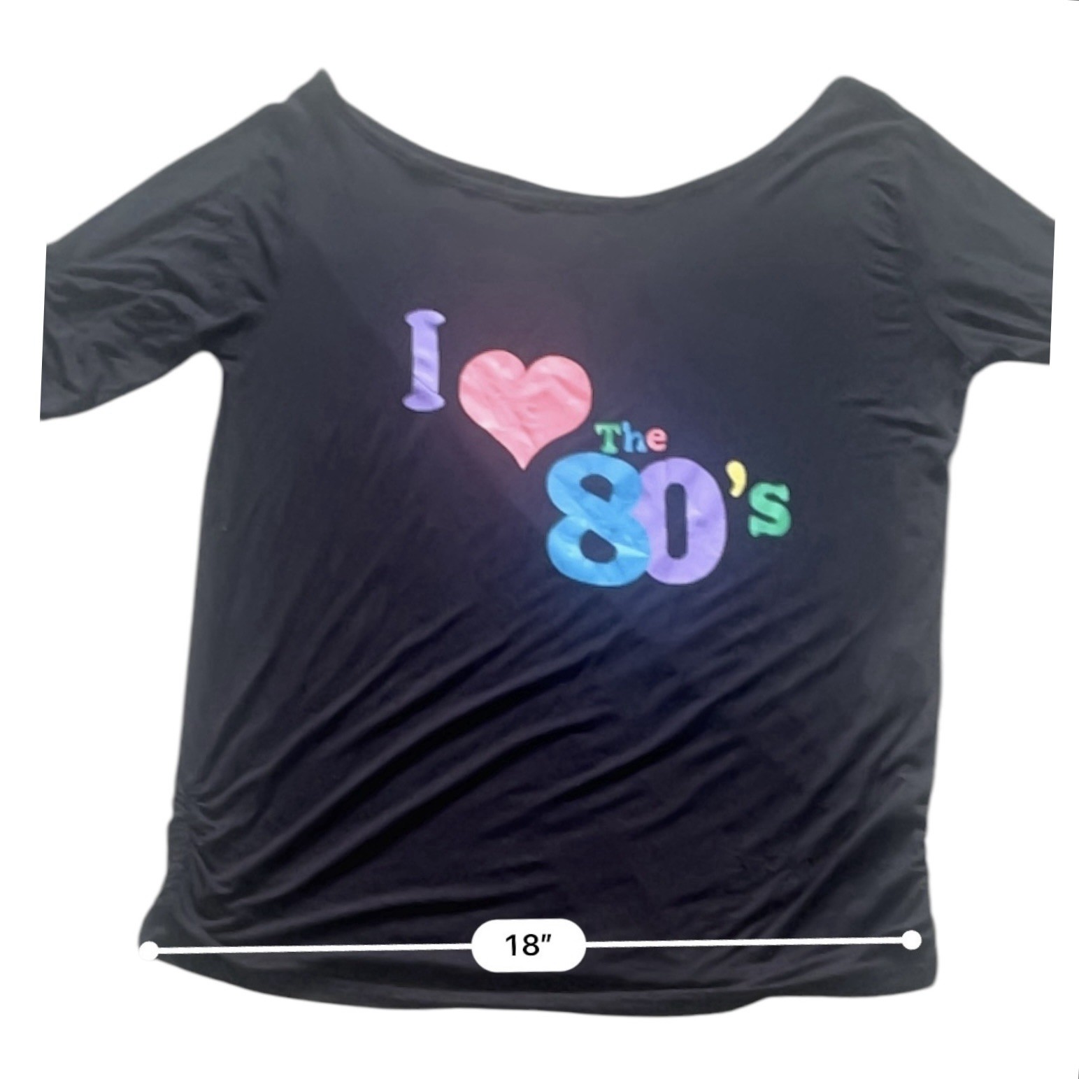 Vintage casual black top shirt L scooped neck graphic I Love The 80’s 3/4 sleeve