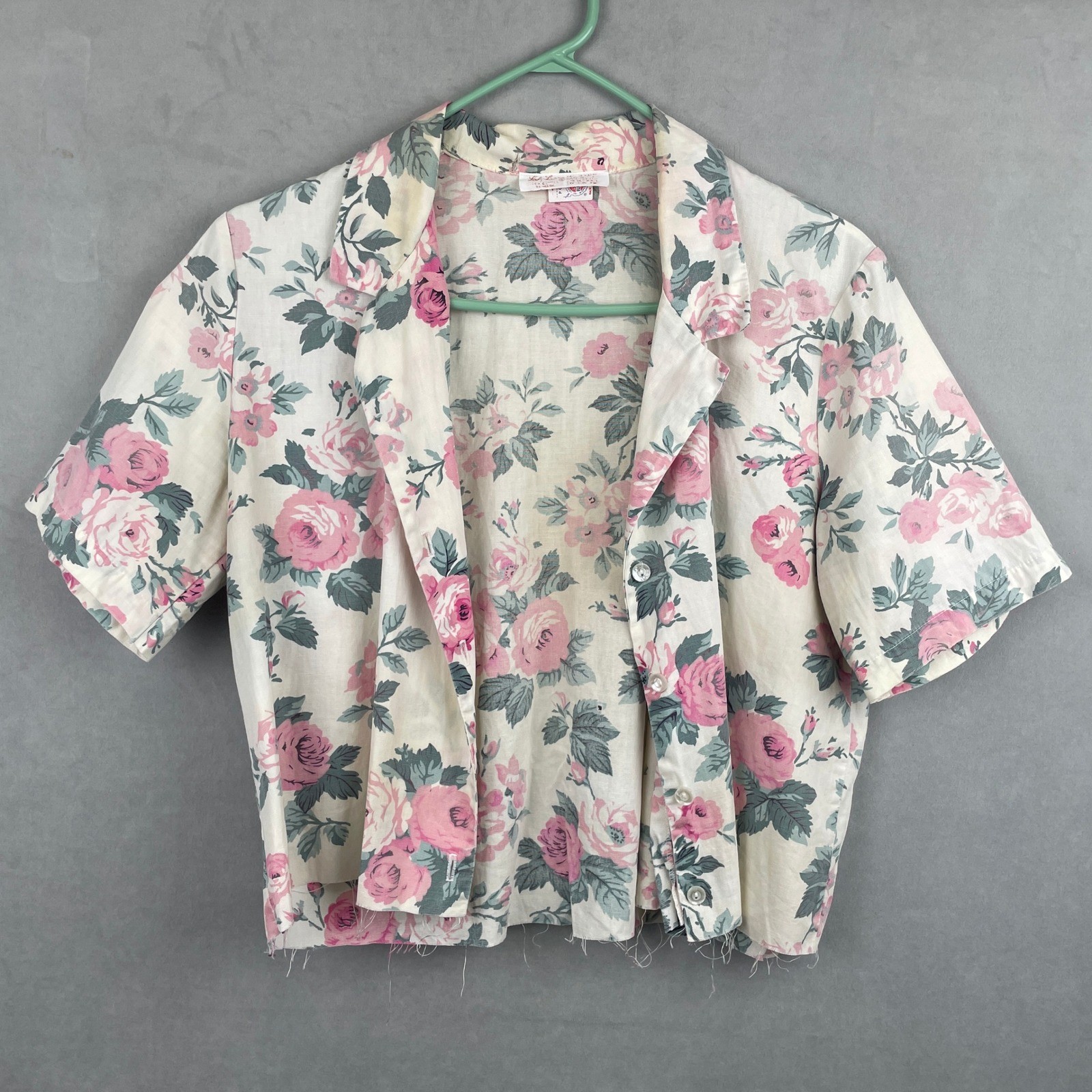 VTG Lady L 60s 70s USA Union Label Floral Cropped Button Down Shirt Pink Cream S