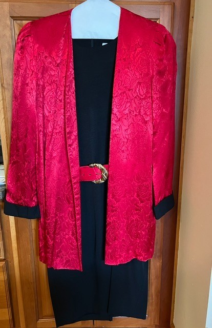 Vtg Periwinkle 3 Pc Set Womens Dress Jacket Belt Black Red 90s Shoulder Pads