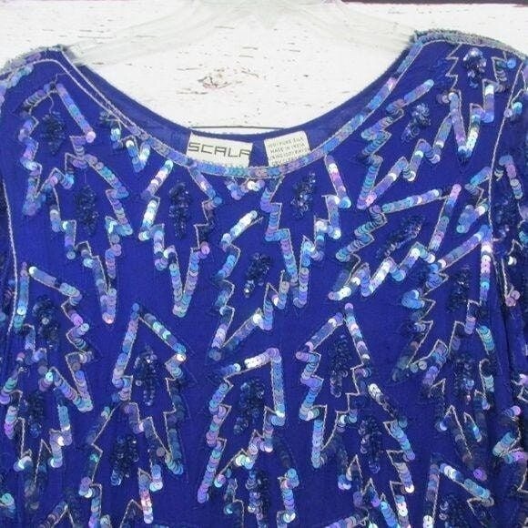 Scala Vintage beaded and sequined blue gown evening dress L beaded fringe