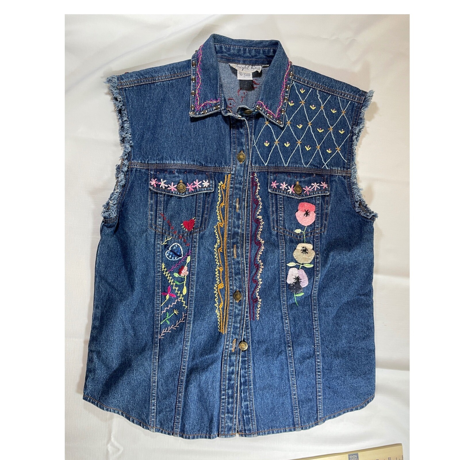 Midnight Run Denim Vest Embroidered Sleeveless Jean Jacket L