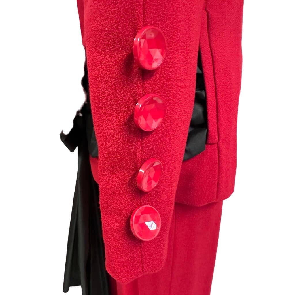 VTG 80s Red Wool Power Suit Black Bow Bustle Pencil Skirt Femme Fatale 4