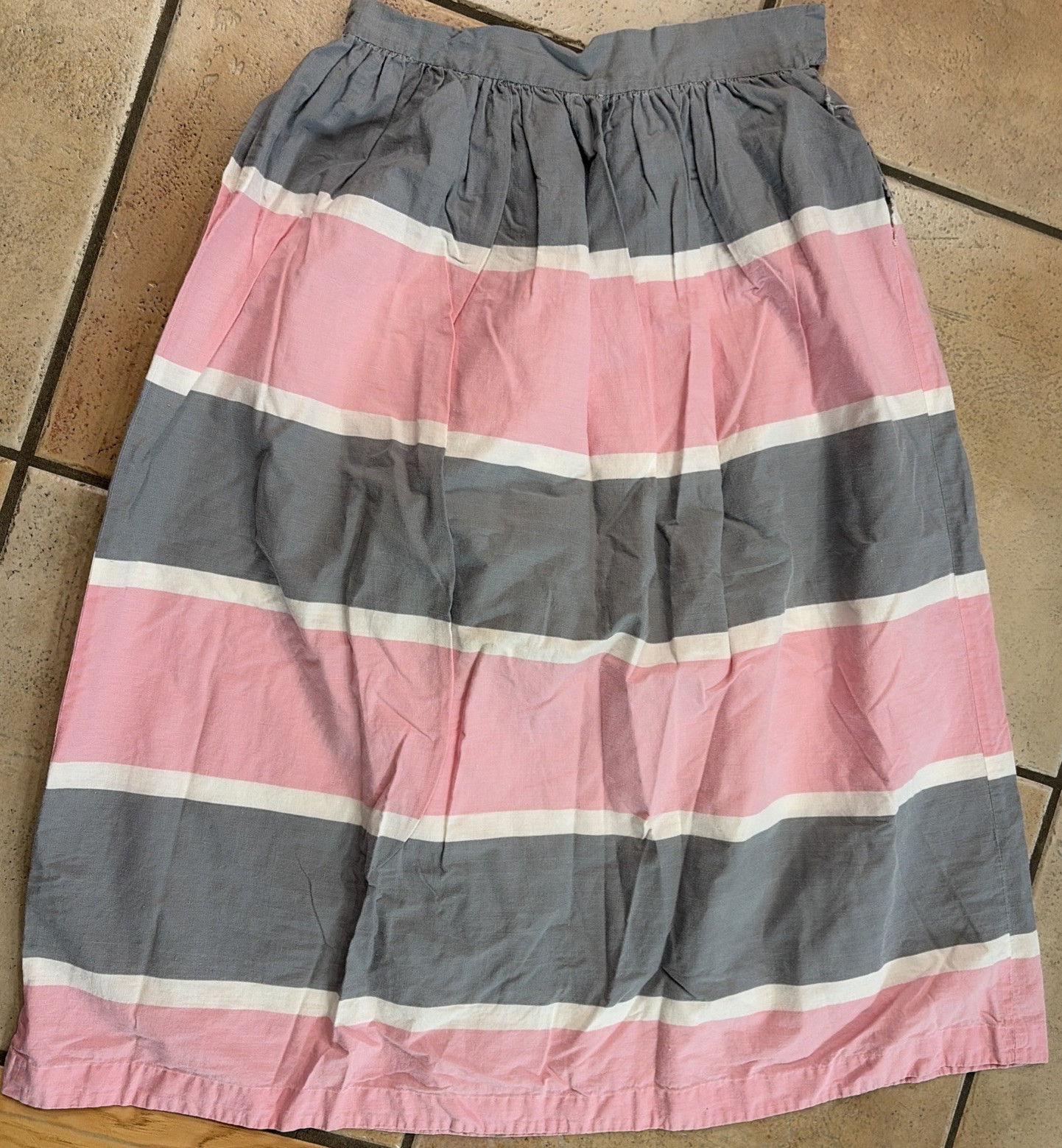 1970’s 31″ Long Unfinished Homemade Stripped Skirt Gray, Pink & White
