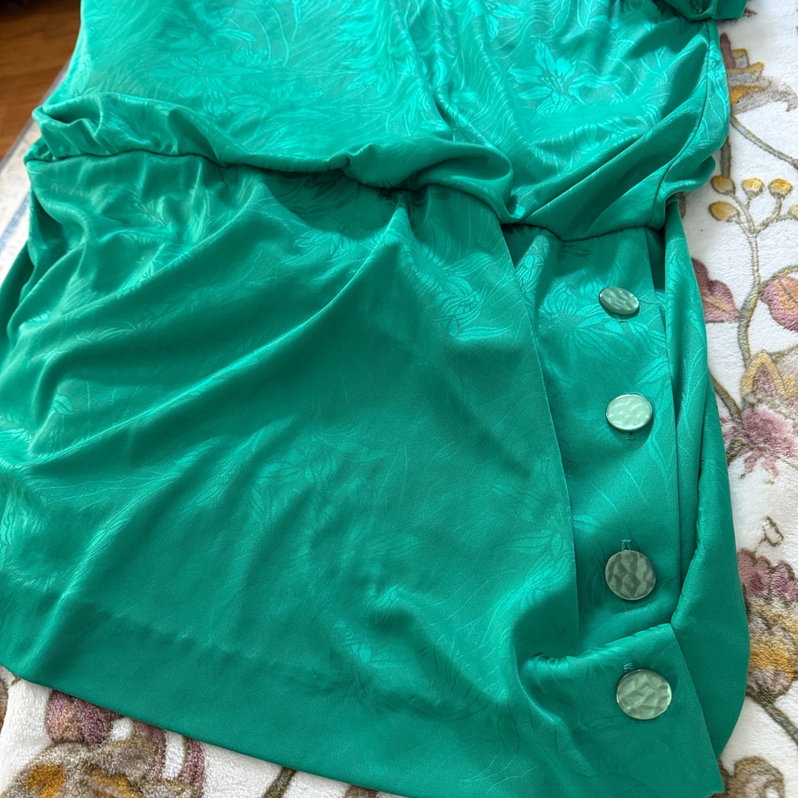Jenny Vtg Dress Emerald Green Jewel Regency Floral Jacquard Drop Waist Blouson