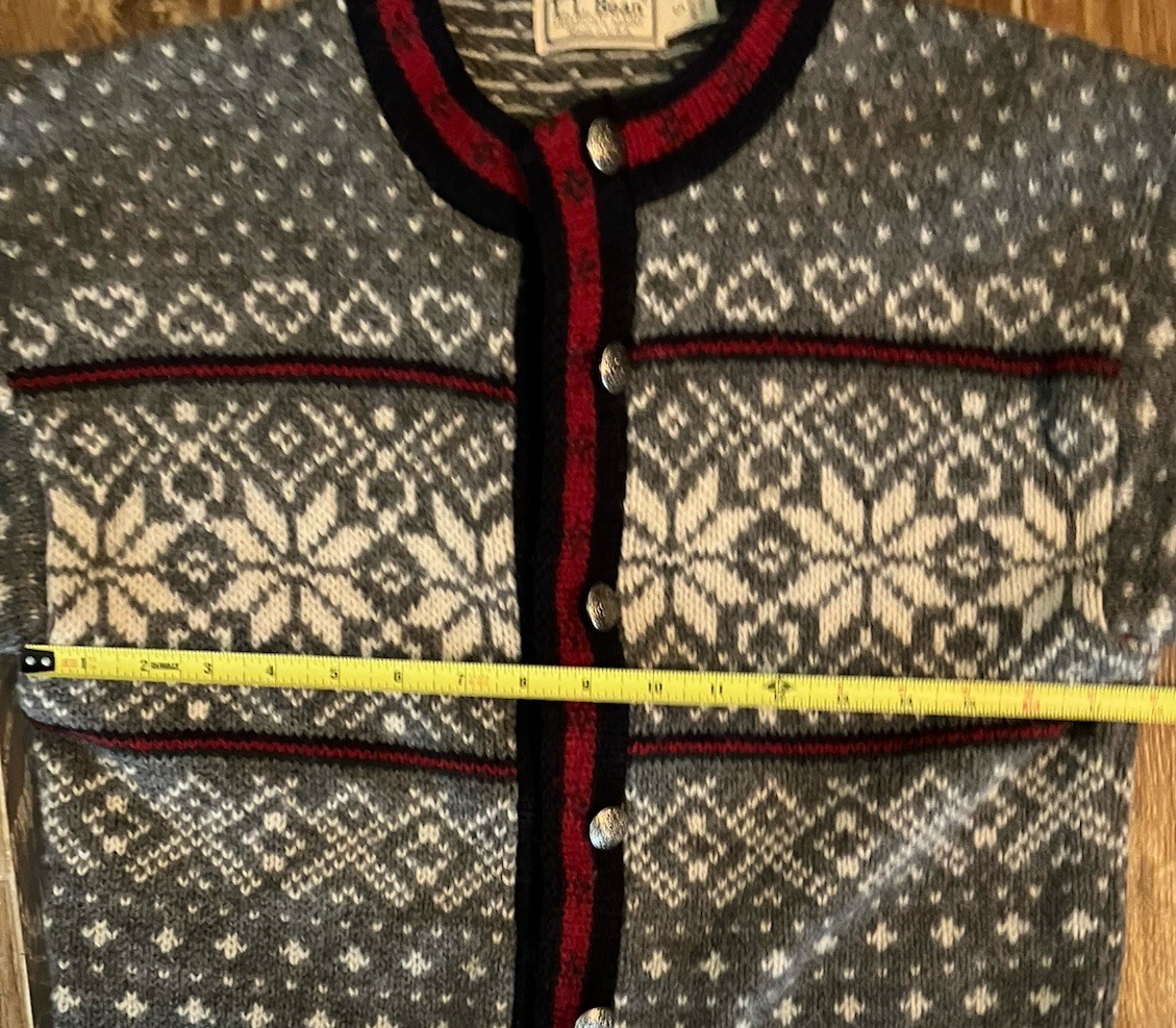 Vintage LL Bean Cardigan Sweater Womens Sz S Wool Nylon Gray/Red Fair Isle USA