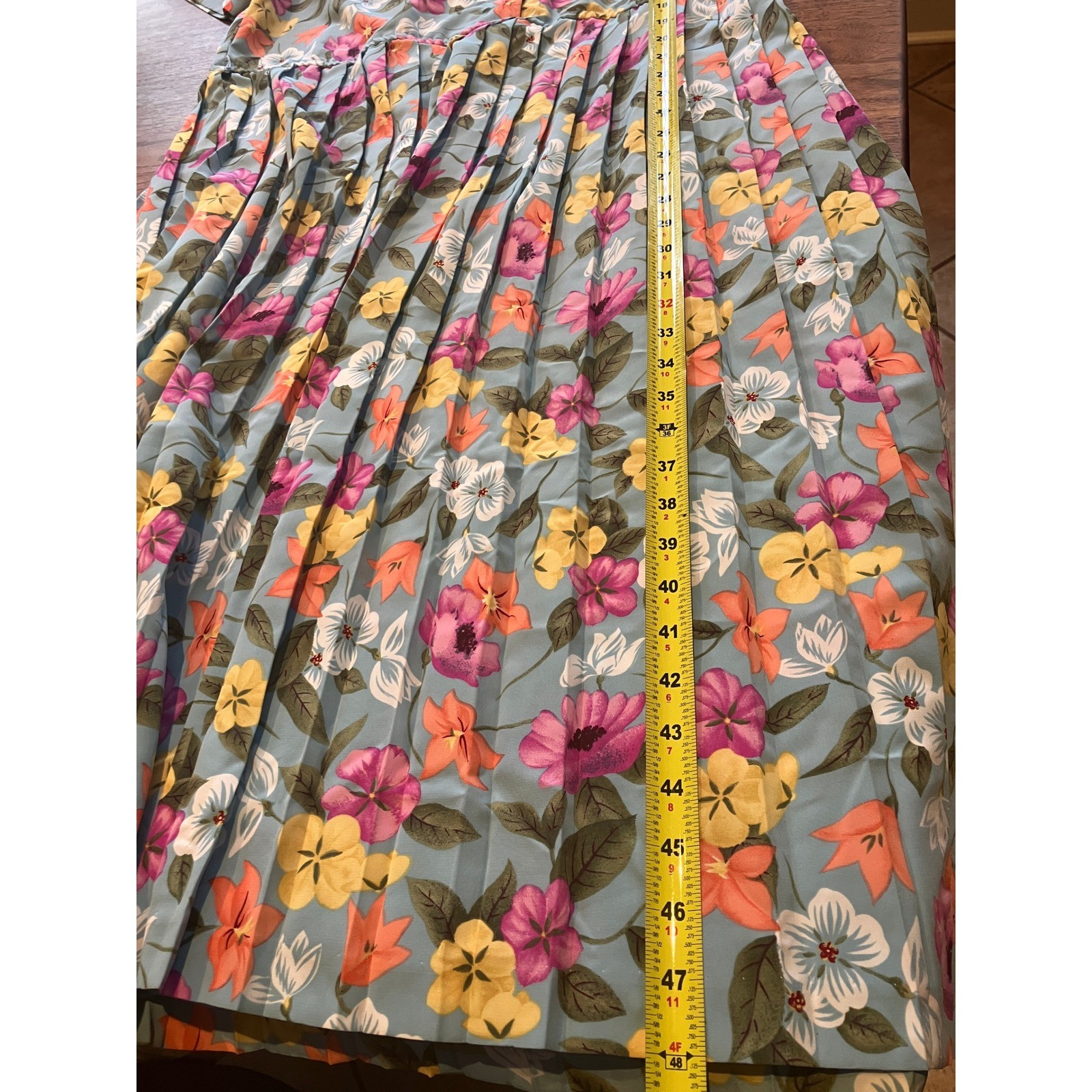 Lady Carol of New York Vintage Floral Pleated Midi Dress Blue Short Sleeve 80s